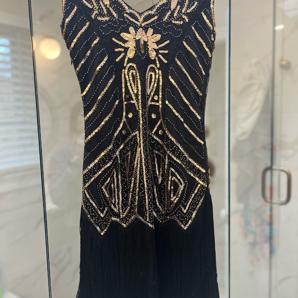 Black 1920s Sequin Fringed Flapper Dress NWOT Size S - Picture 4 of 9